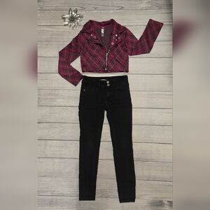 Girl's Plaid Cropped Jacket and Black Jeans Set